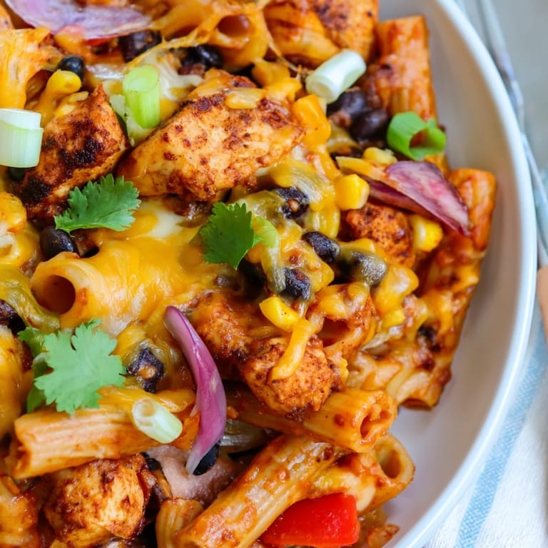 A serving of Crispy Chicken Burrito Pasta topped with sour cream, fresh cilantro, and lime wedges on a rustic table.