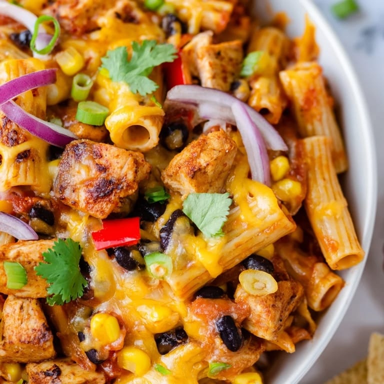 Close-up of Crispy Chicken Burrito Pasta, highlighting the golden, crispy chicken pieces and Monterey Jack cheese melting over the Tex-Mex dish.