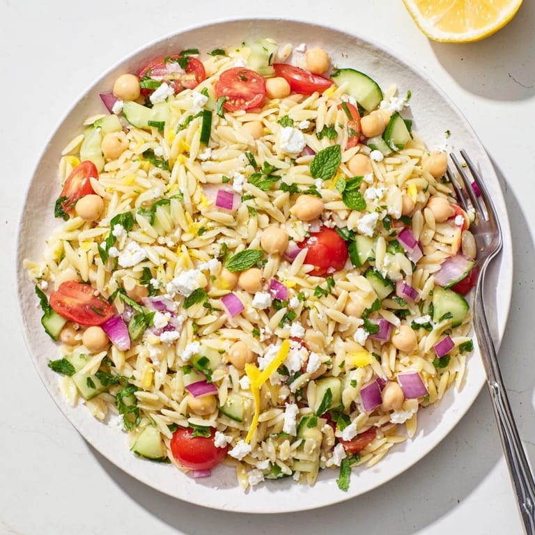 Overhead view of Lemony Chickpea Orzo Salad, garnished with crumbled feta and mint, perfect for a Mediterranean-inspired potluck side.