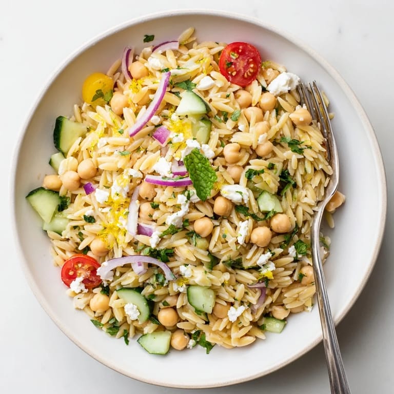 A close-up of Lemony Chickpea Orzo Salad showing chickpeas, red onion, and parsley glistening with a zesty lemon vinaigrette.