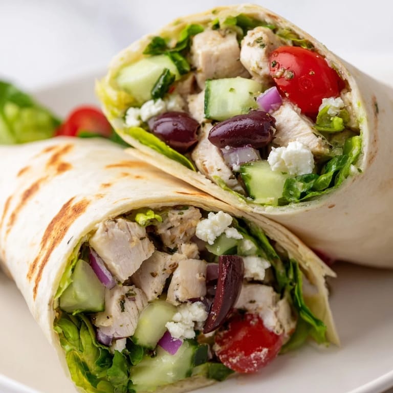 Close-up of a Greek Lemon Chicken Salad Wrap cut in half, showing shredded romaine, vibrant veggies, and warm chicken nestled with tangy feta inside a soft flatbread.