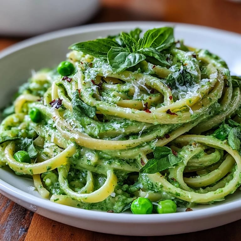 Tender fettuccine coated in luscious Creamy Green Pea Alfredo sauce, garnished beautifully.