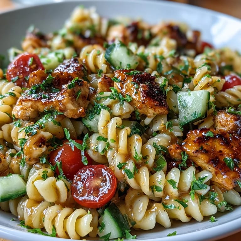 Serving suggestion for Honey Mustard Chicken Pasta Salad, perfect for a picnic or light lunch on a checkered blanket.