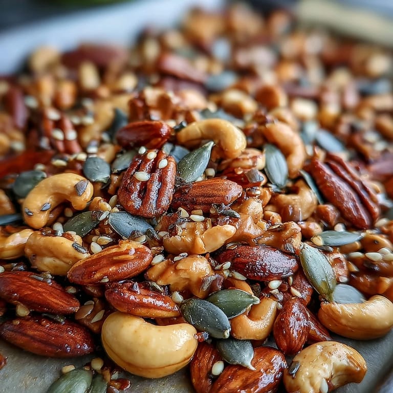 Flavorful homemade spiced nuts and seeds mix, warm from the oven with fragrant spices.
