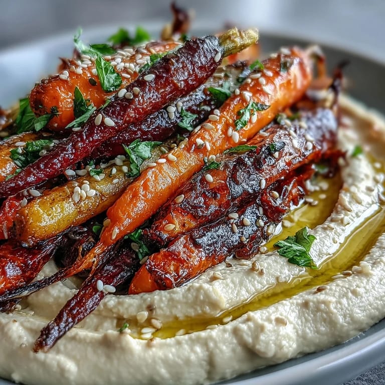 A visually stunning platter of tender rainbow carrots served with savory hummus dip.
