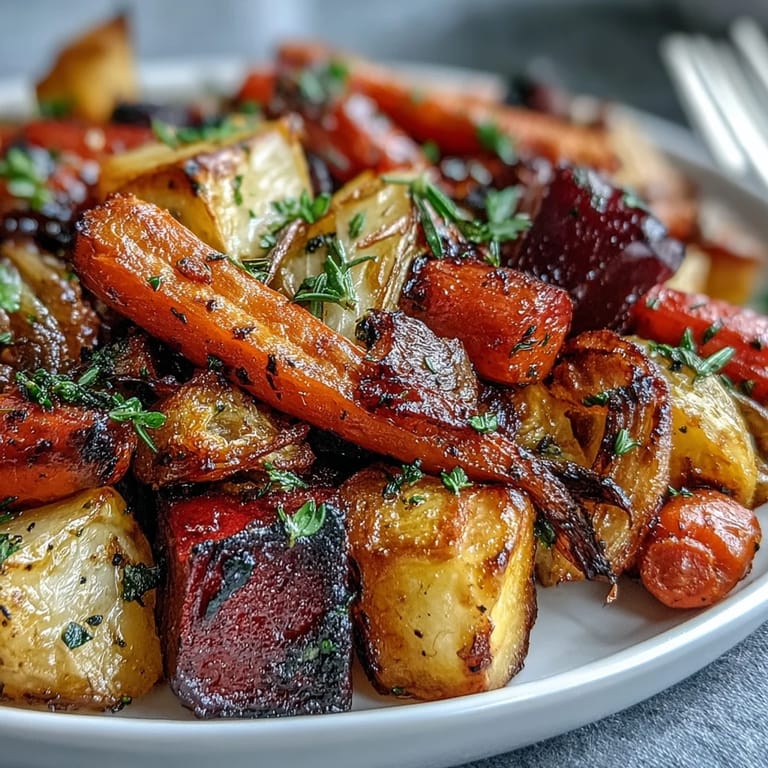 Colorful Roasted Root Vegetable Medley, perfectly seasoned and ready for a holiday table.
