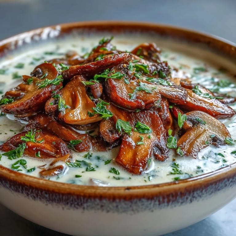 Serving suggestion for Creamy Mushroom Stroganoff Soup with crusty artisan bread alongside, ready for a cozy vegetarian dinner.