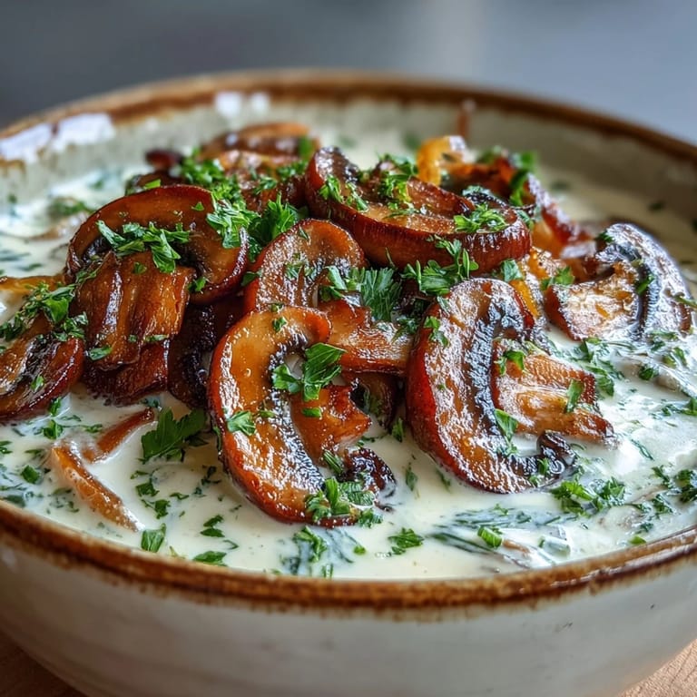A ladle scooping up the thick Creamy Mushroom Stroganoff Soup, showcasing caramelized mushrooms and rich, savory broth.