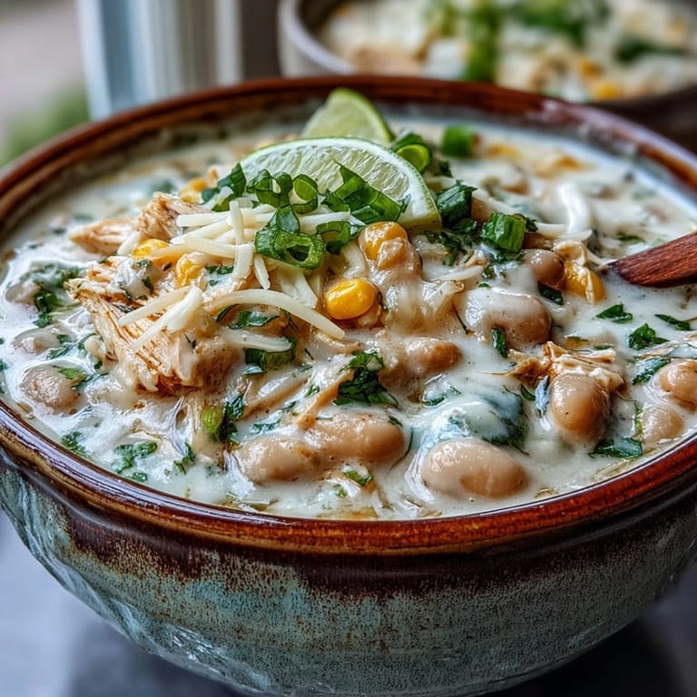 Creamy White Chicken Chili simmering in a pot, featuring tender shredded chicken, white beans, and corn with a golden broth.