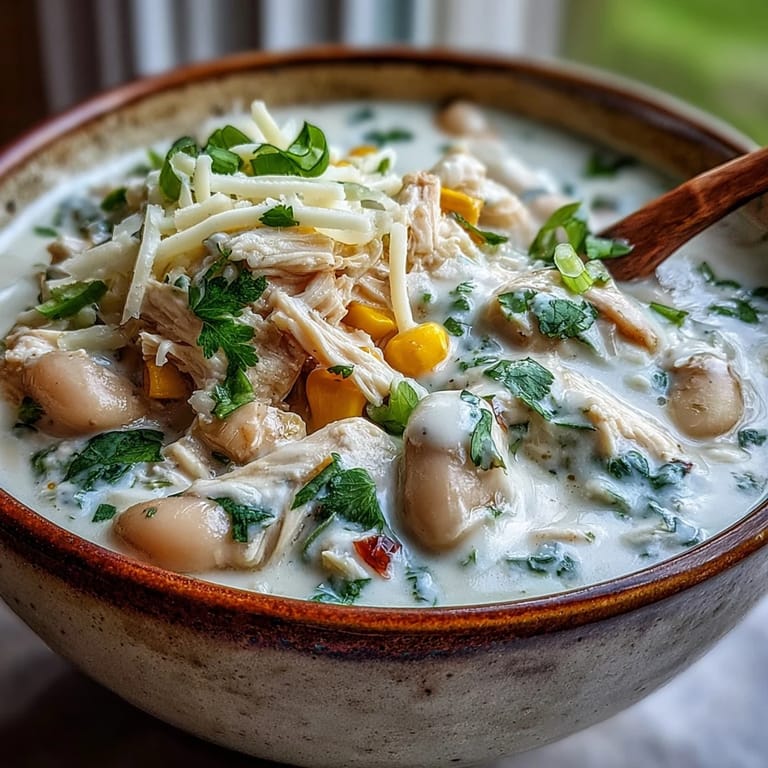 Close-up of a rustic spoon lifting a hearty serving of White Chicken Chili, revealing creamy broth and tender chicken shreds.