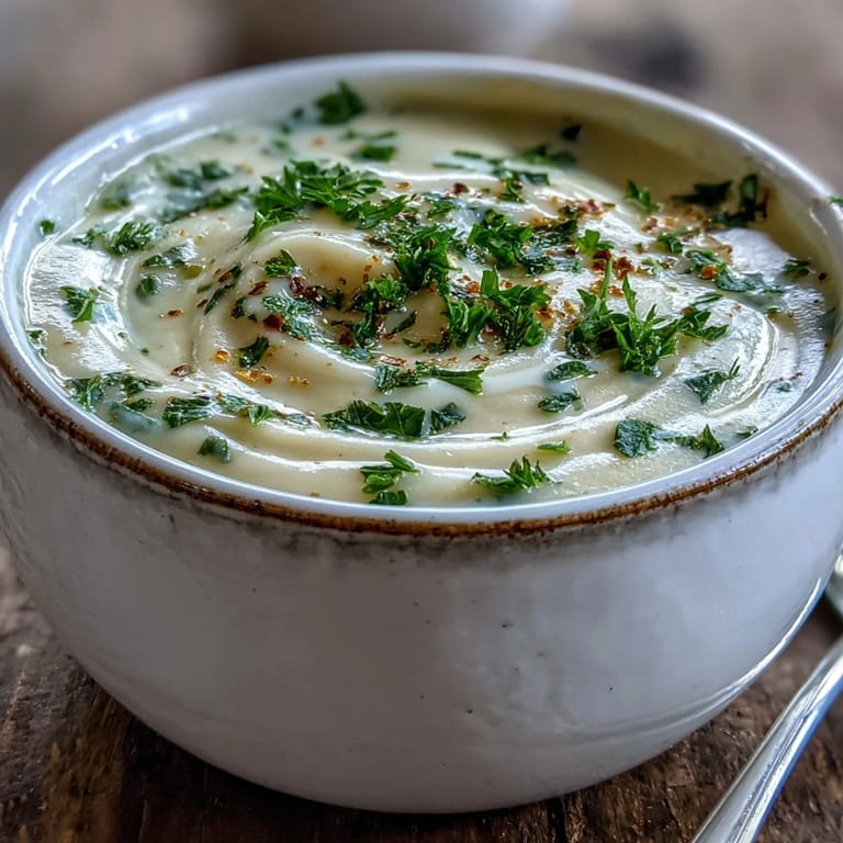 Creamy Vegetable Soup ladled from a pot, showcasing a rich, velvety texture infused with thyme.