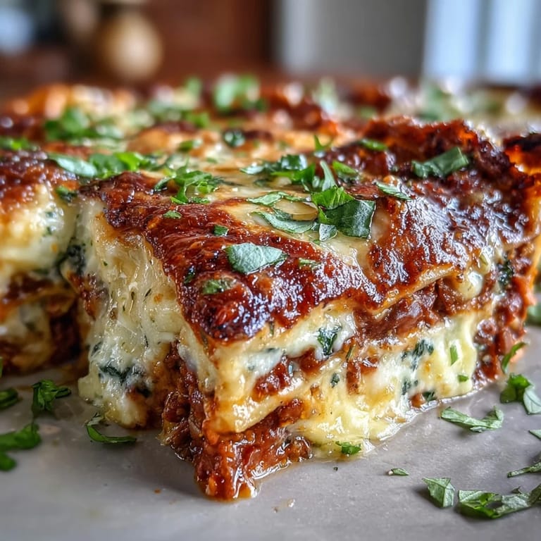 Layers of pasta and lentil bolognese in a skillet, the finished One-Pan Smoky Veggie Lentil Lasagne.