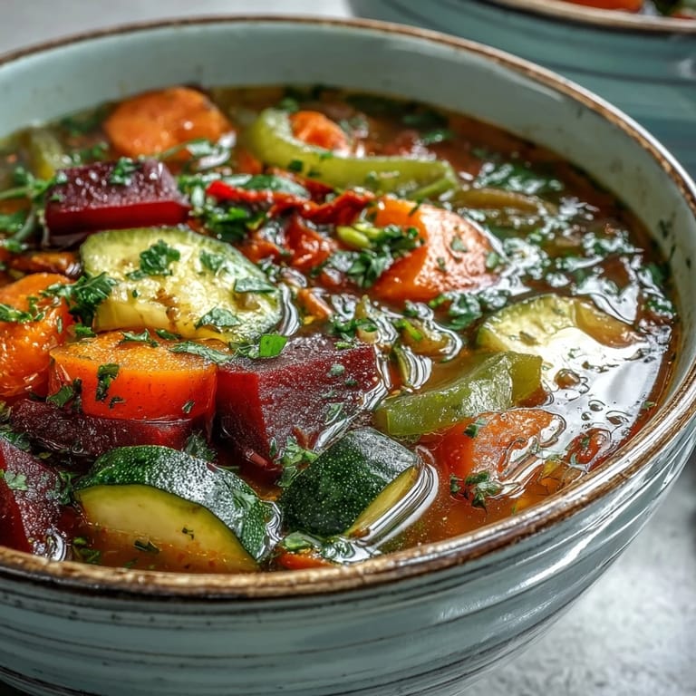 Close-up of Rainbow Vegetable Detox Soup featuring green zucchini and red bell peppers in broth.