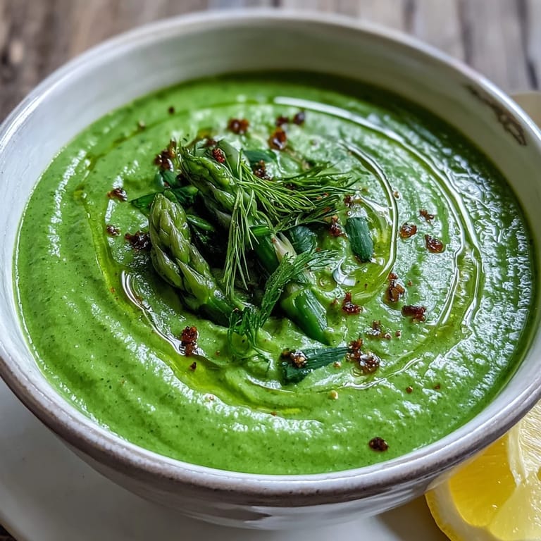 Healthy vegan Big Green Immunity-Boosting Vegetable Soup blended with cashews, garnished with olive oil and fresh herbs on a wooden table.
