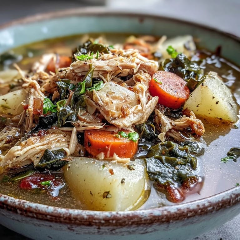 A rustic serving of Collard Greens, Chicken and Vegetable Soup, garnished with fresh thyme.
