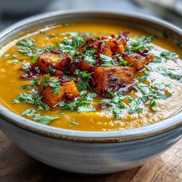 This golden orange Butternut Squash and Lentil Soup is steaming in a rustic bowl, ready to be enjoyed with crusty bread.