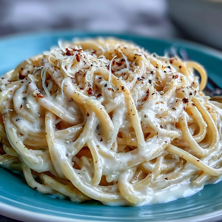 A close-up of Cacio e Pepe showing tangled spaghetti strands coated in glossy, peppery cheese sauce.