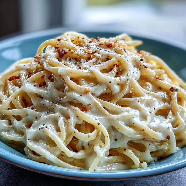 Steaming plates of Cacio e Pepe are ready to serve, garnished with extra cheese alongside a crisp glass of white wine.