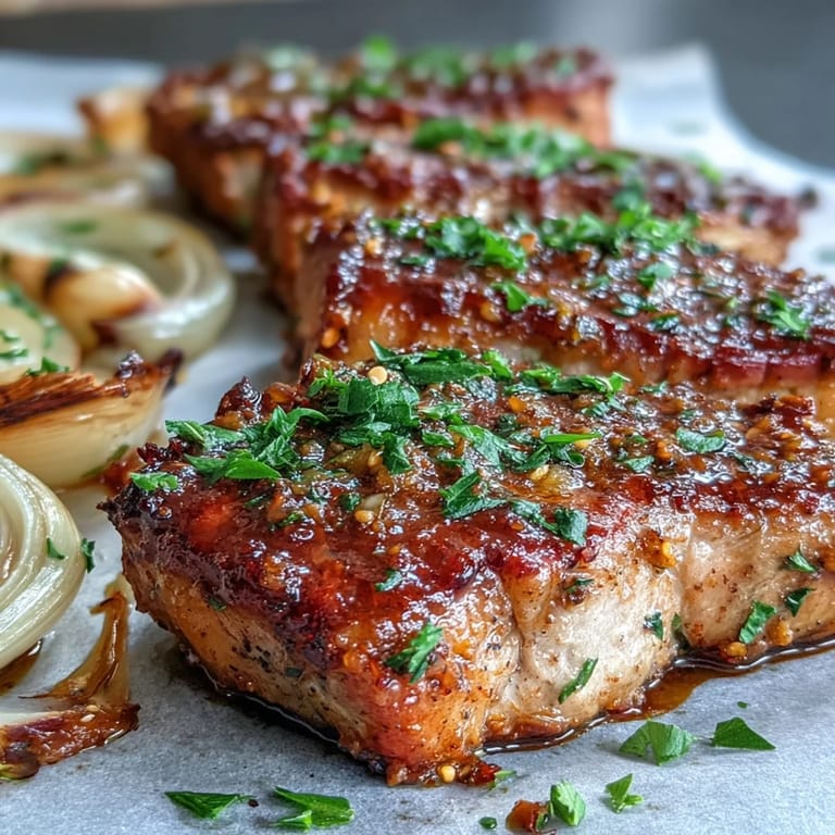 Savory Pork and Aromatic Rhubarb Traybake with golden seared pork shoulder and bright tangy rhubarb garnished with fresh green herbs on a baking tray.