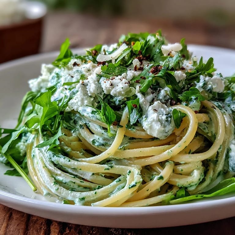Close-up of a plate of linguine with arugula pesto, topped with black pepper and a drizzle of olive oil.