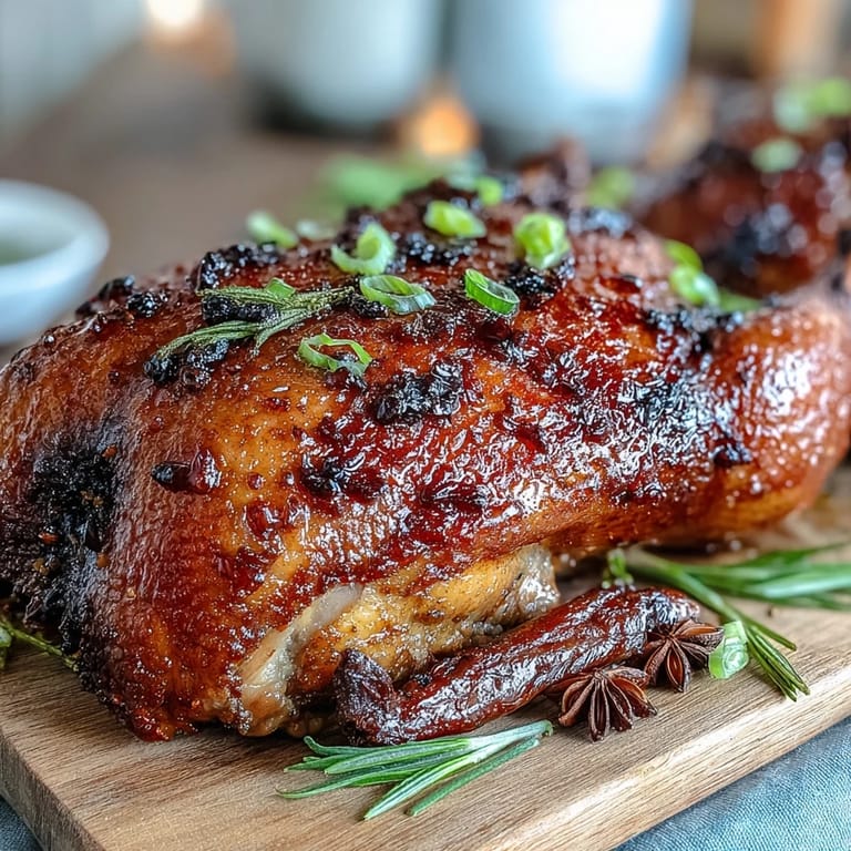 Five-Spice Roast Ducks plated elegantly with jasmine rice and stir-fried greens, ready for a romantic dinner.