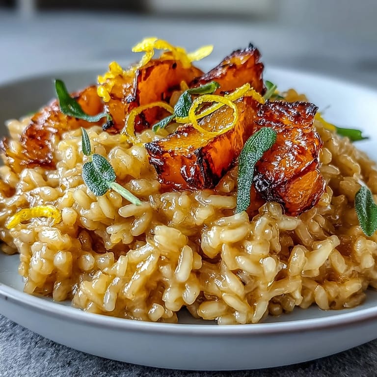 Vegan Pumpkin Risotto topped with golden, crispy sage leaves and a sprinkle of nutritional yeast, ready to serve warm.