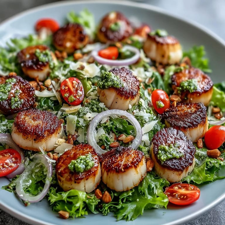 Plump, perfectly seared scallops sit on a bed of escarole, red onion, and shaved Parmesan with a vibrant green dressing.