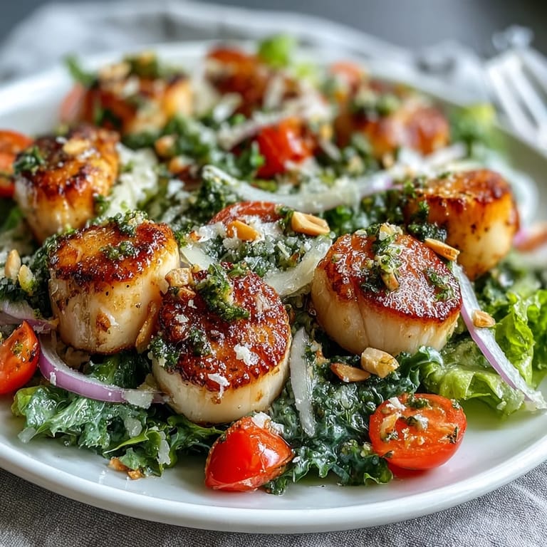Freshly seared scallops with a golden crust are plated with a mixed greens salad and drizzled with pesto vinaigrette.