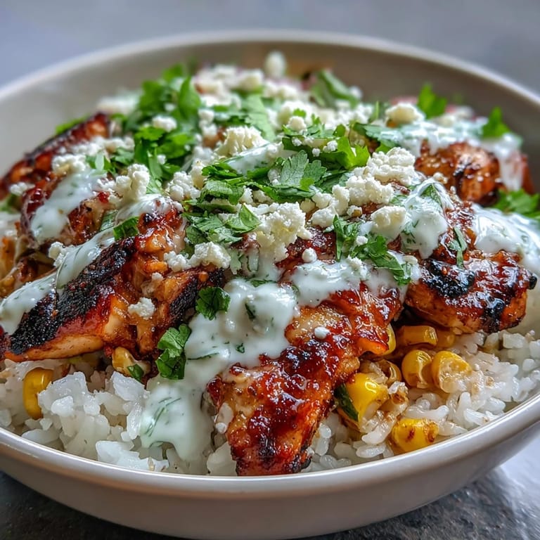 Smoky Street Corn Chicken and Rice Bowl served with creamy zesty crema, lime wedges, and jalapeños for a vibrant, Mexican-inspired dinner.