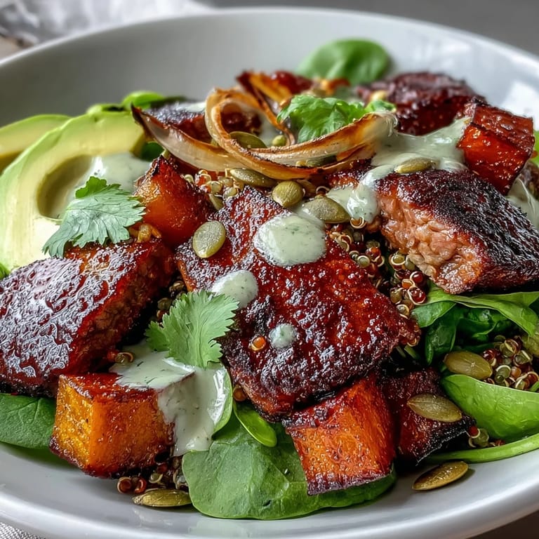 Lime cilantro dressing drizzled over smoky steak and sweet squash in a quinoa bowl.