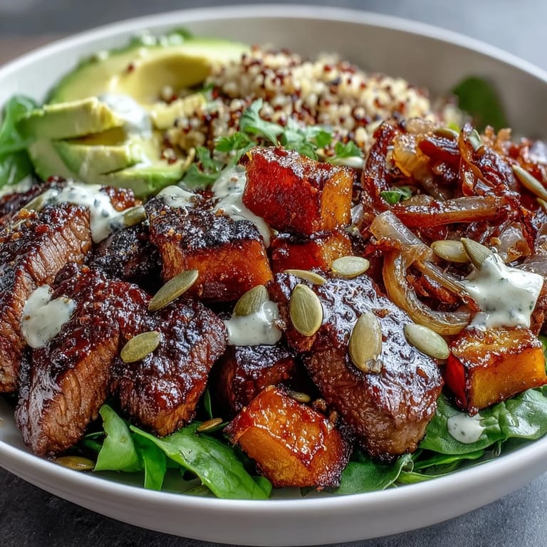 Vibrant fusion butternut squash steak bowl with red onions, pepitas, and avocado slices.
