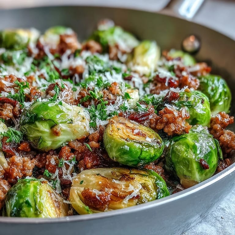 Garlic-infused Brussels sprouts and ground turkey cook together in one pan, brightened with lemon juice for a wholesome dinner.