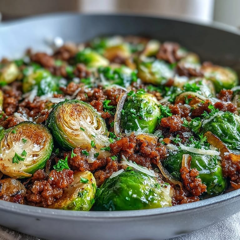 A sizzling skillet of crisp-edged Brussels sprouts and seasoned ground turkey, garnished with parsley and ready to serve.