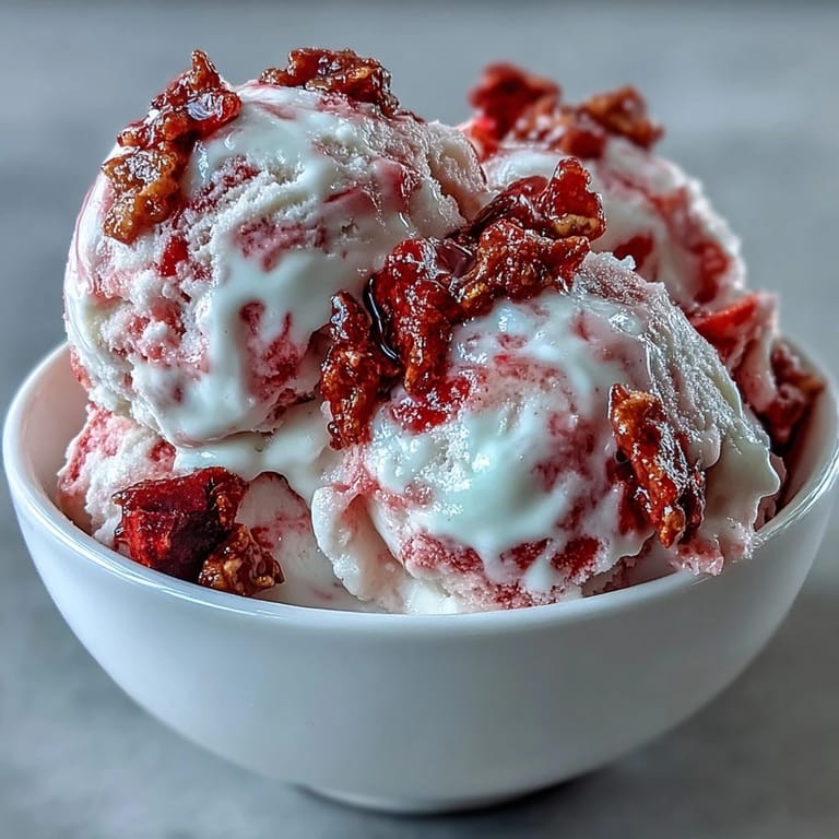 Close-up of a Strawberry & Banana Yoghurt Cluster showing a marbled swirl of yogurt and crispy freeze-dried fruit pieces.