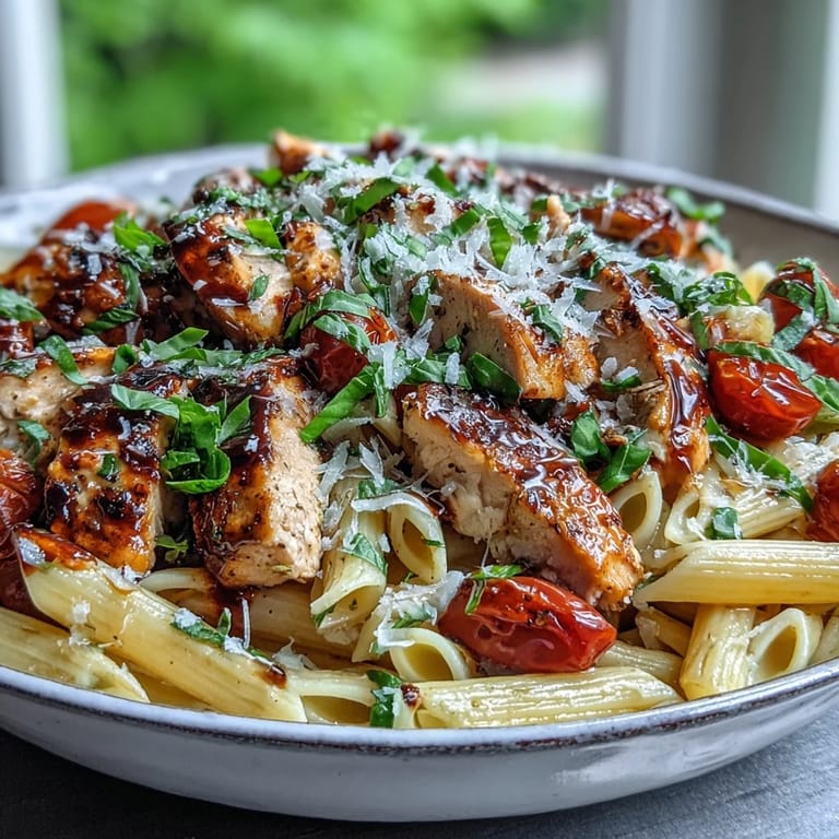 A hearty skillet of Bruschetta Chicken Pasta garnished with Parmesan and mozzarella, perfect for a family dinner.