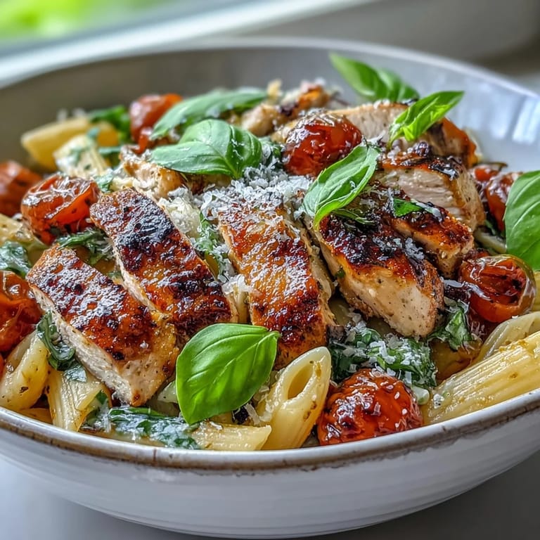 Close-up of Bruschetta Chicken Pasta featuring al dente penne, vibrant tomatoes, and basil in a savory balsamic sauce.