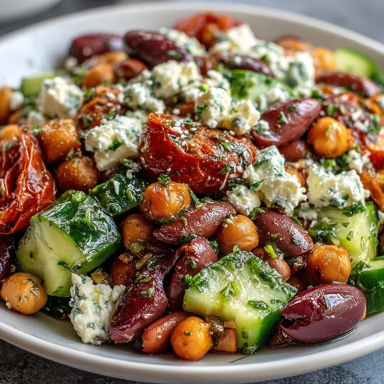 A wooden spoon lifts vibrant chickpeas and tomatoes from the marinated bean salad, showcasing the zesty Mediterranean flavors.