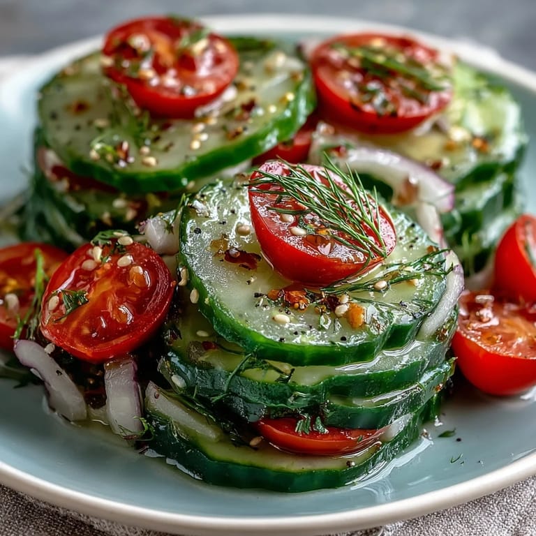 Serving suggestion for Refreshing Crunchy Cucumber Salad garnished with sesame seeds, next to grilled chicken for a complete gluten-free lunch.