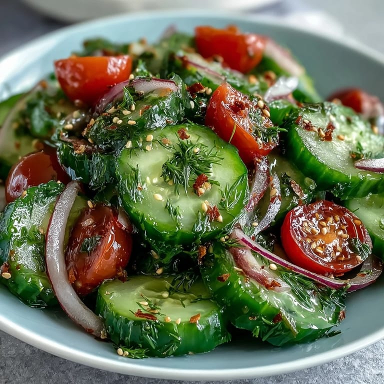 Close-up view of the Refreshing Crunchy Cucumber Salad featuring crisp cucumber slices and bright cherry tomatoes tossed in a tangy dressing.