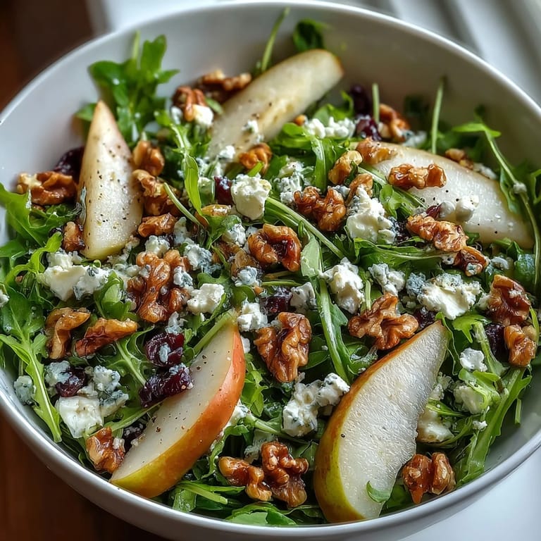 Arugula and pear bowl with sliced ripe pears, crunchy walnuts, and cheese on a white plate, perfect light lunch.