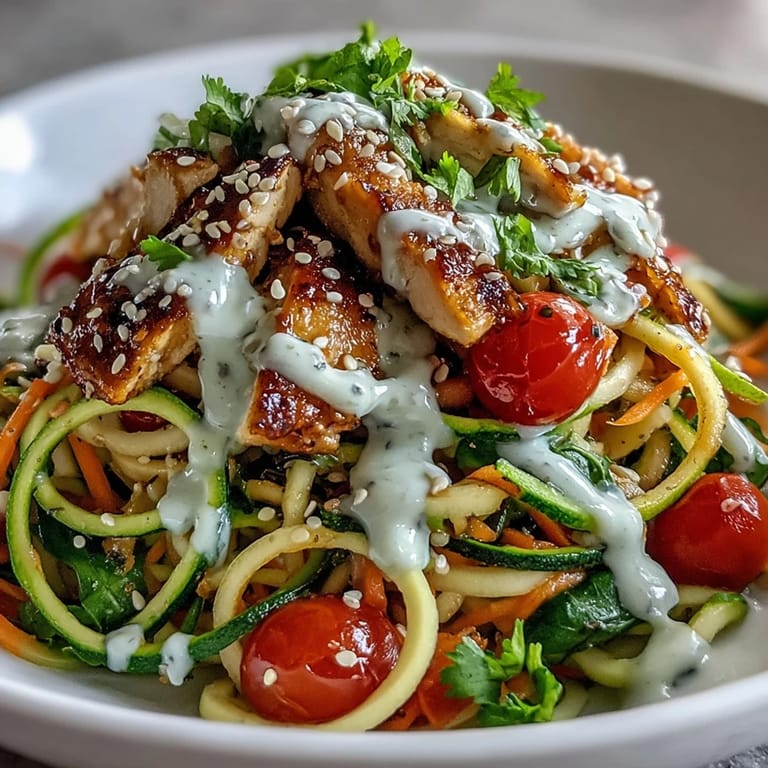 Freshly spiralized zucchini and sweet potato noodles form the base of this nourishing Spiralized Vegetable Bowl, drizzled with creamy tahini sauce and fresh herbs.