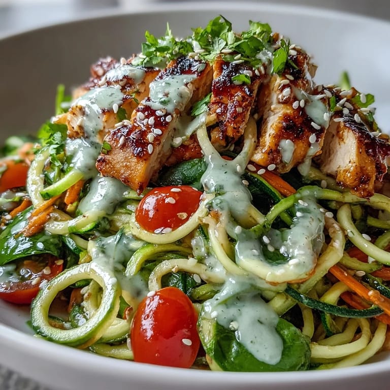 Sliced grilled chicken rests on a colorful Spiralized Vegetable Bowl of zucchini noodles, sweet potatoes, and baby spinach, garnished with toasted sesame seeds.