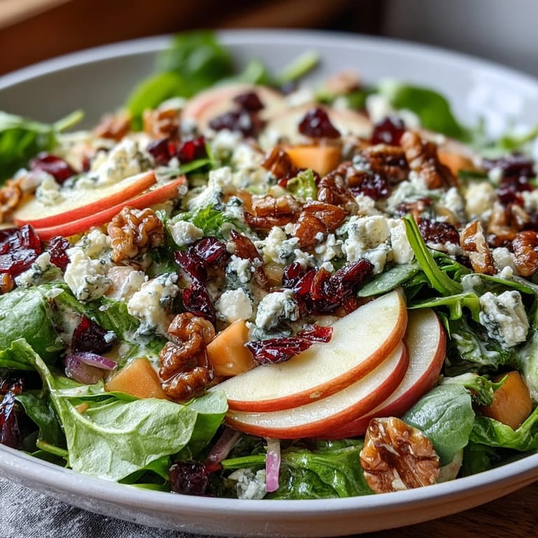 The Mixed Greens and Apple Bowl is garnished with walnuts and dried cranberries, served on a white plate for a light lunch.