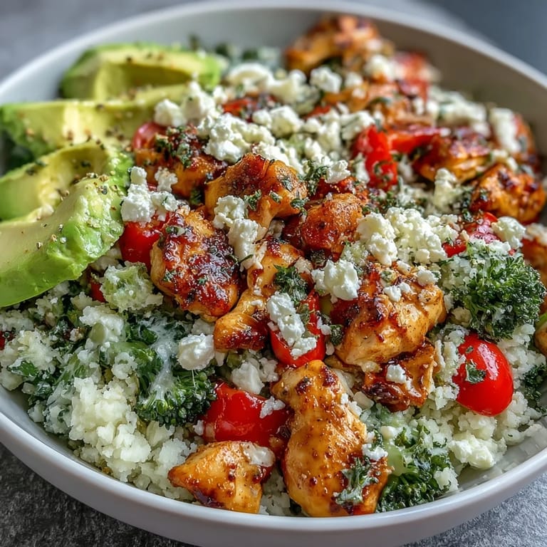 Warm sautéed cauliflower rice layered with smoky paprika chicken, colorful vegetables, and a drizzle of tangy yogurt-tahini sauce in this healthy bowl.