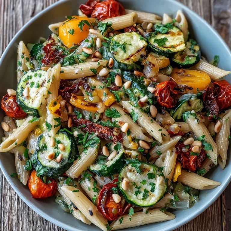 Whole wheat pasta tossed with colorful roasted zucchini, bell peppers, and a luscious bean sauce, garnished with fresh parsley.