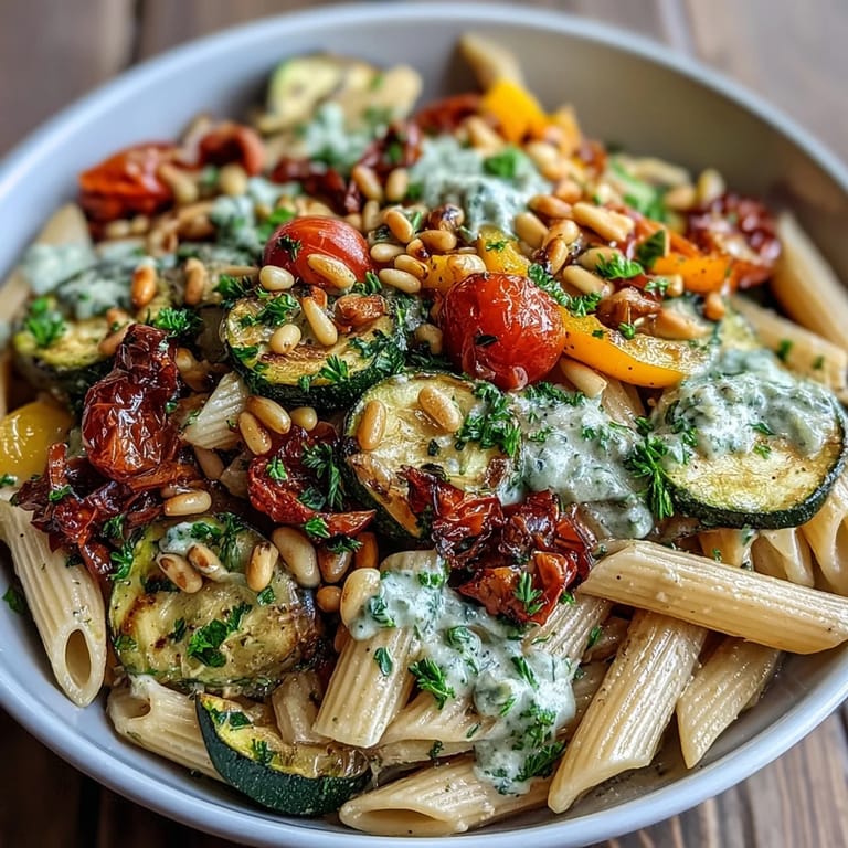 Hearty whole wheat pasta bowl featuring caramelized cherry tomatoes, creamy protein-packed sauce, and golden pine nuts for a satisfying dinner.