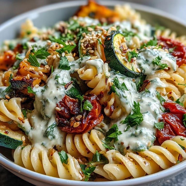 Close-up of a vibrant Chickpea Pasta Bowl garnished with parsley and toasted sesame seeds.  