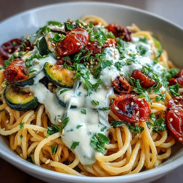 A warm, fiber-rich Chickpea Pasta Bowl with colorful roasted zucchini and bell peppers.