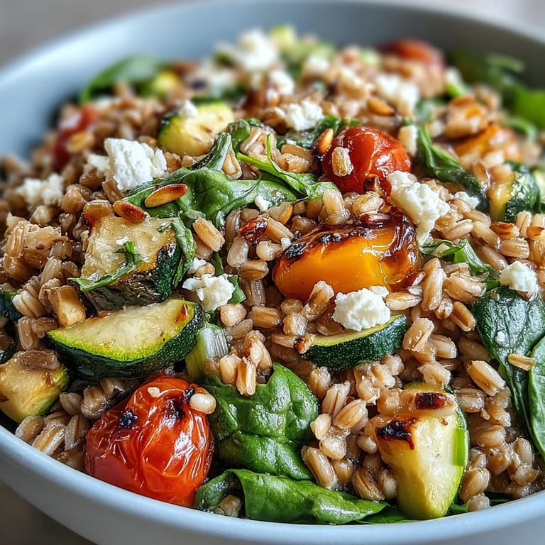 A vibrant serving of Farro Pasta Bowl topped with crumbled feta and fresh parsley over a wooden table.