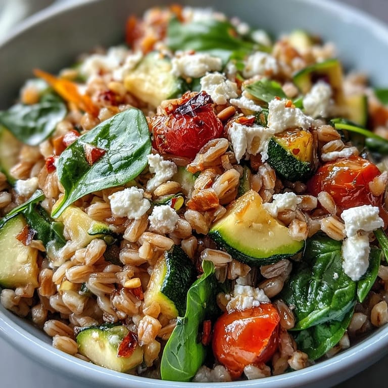 A warm Farro Pasta Bowl features sautéed Mediterranean vegetables and toasted pine nuts, ready to enjoy.